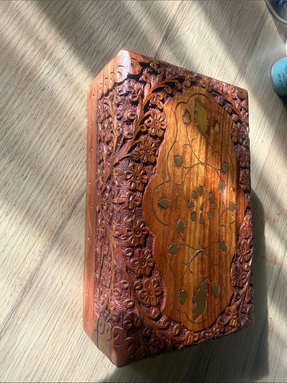 Hand-Carved Wooden Jewelry Box with Inlay